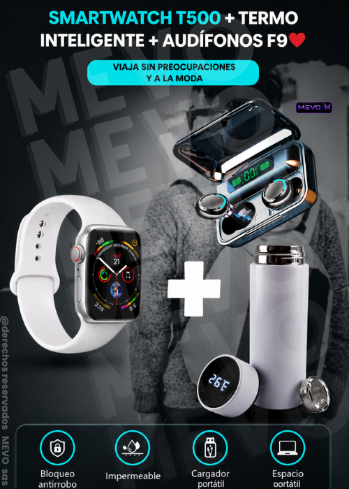 😍Combo tecnológico: smartwatch T500 + termo digital + audífonos F9😍