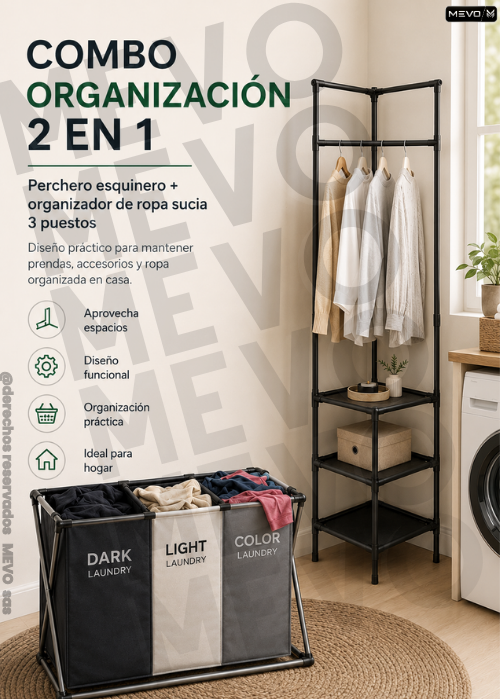 🏠 Combo organización 2 en 1 👕 Perchero esquinero + 🧺 organizador de ropa 3 puestos