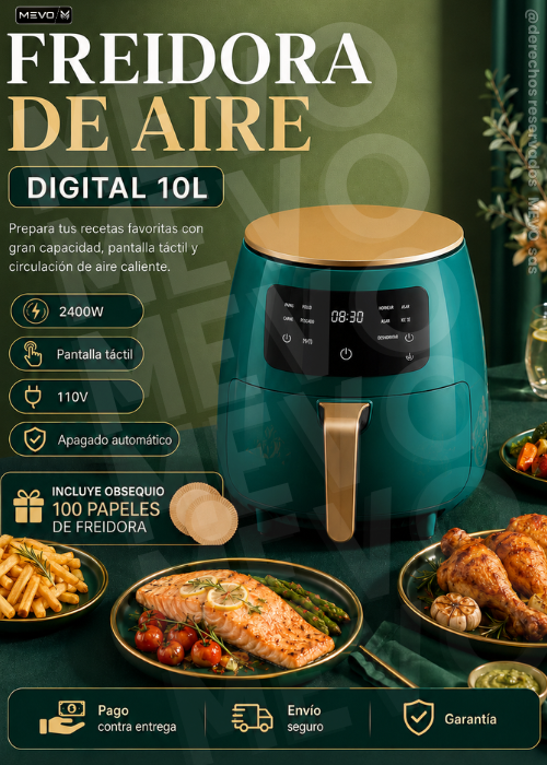 FREIDORA DE AIRE DIGITAL 10L + PAPELES PARA FREIDORA INCLUIDOS 🎁