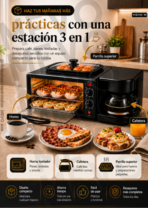 🍞☕🍳 Estación de Desayuno 3 en 1 con Horno Cafetera y Parrilla + accesorios