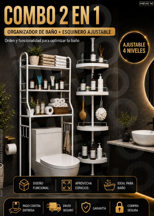 🛁 Combo baño 2 en 1 🧴 Organizador de baño + esquinero ajustable