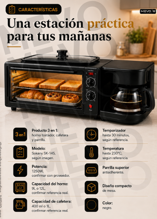 🍞☕🍳 Estación de Desayuno 3 en 1 con Horno Cafetera y Parrilla + accesorios