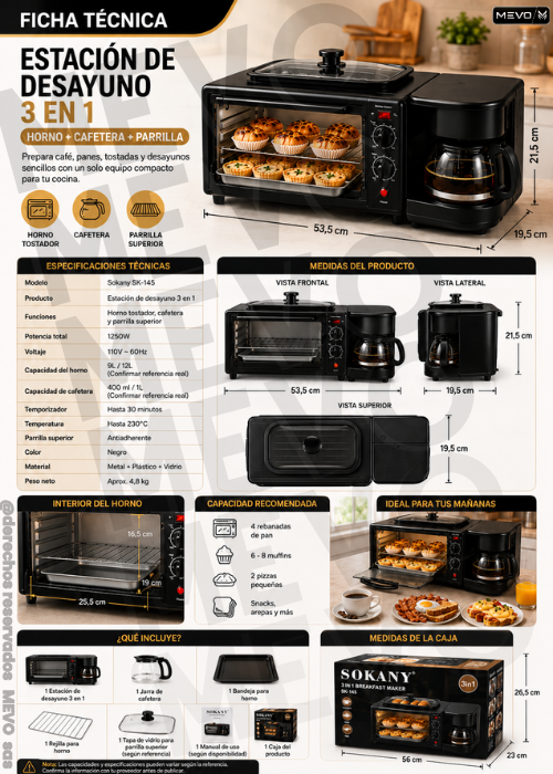 🍞☕🍳 Estación de Desayuno 3 en 1 con Horno Cafetera y Parrilla + accesorios