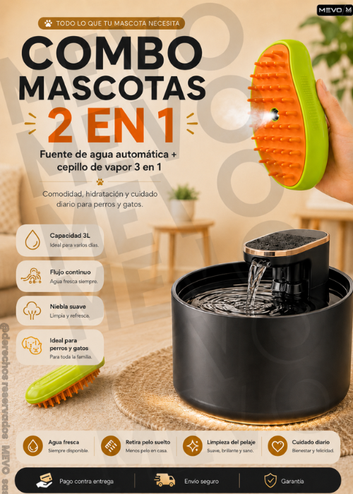 🐶🐱 Combo para mascotas: Fuente automática de agua + Cepillo 3 en 1