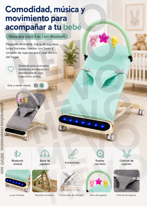 👶 Mecedora Móvil Musical para Bebé 4 en 1 con Bluetooth + Barra de Juguetes + Luces + Ruedas con Freno + Cinturón de Sujeción