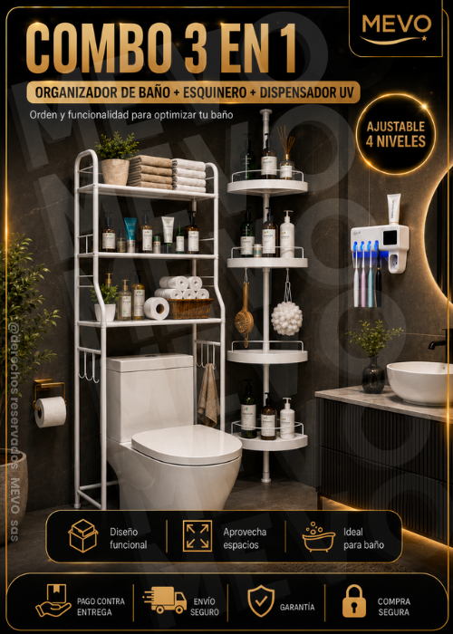 🚿 PACK PARA BAÑO ✨ Organizador Superior + Esquinero 4 Niveles + Porta Cepillos 🪥