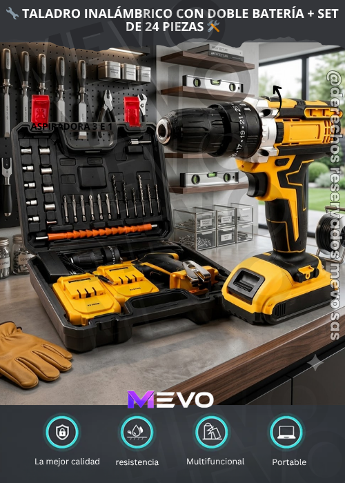 🔧 Taladro Inalámbrico con Doble Batería + Set de 24 Piezas 🛠️