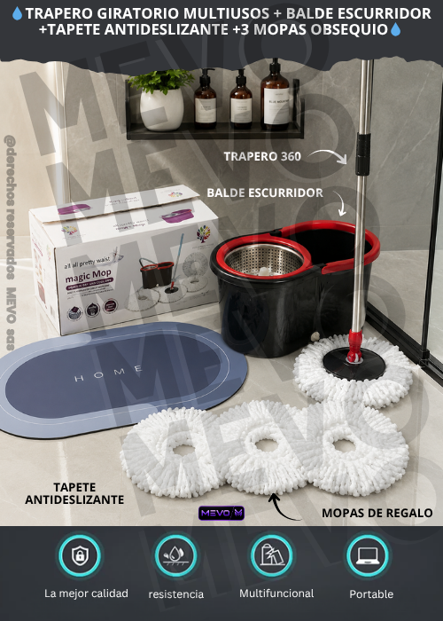 💧Trapero giratorio multiusos + balde escurridor +tapete antideslizante +3 mopas obsequio💧