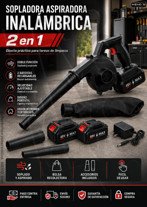🍂 Sopladora Aspiradora Inalámbrica 2 en 1 + 2 Baterías y Accesorios